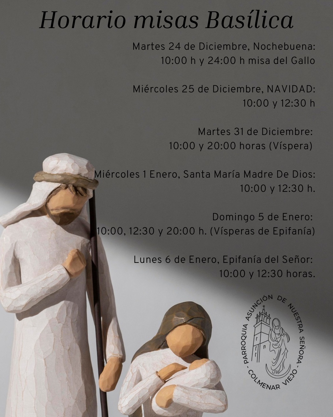 HORARIO DE MISAS EN LA BASÍLICA EN NAVIDAD Y AÑO NUEVO Lunes 23 de Diciembre 2000 h. Vísperas Martes 24 de Diciembre Nochebuena 1000 horas LA MISA DEL NACIMIENTO DEL SEÑOR DEL GALLO SE CELEBRARÁ A LAS 2400H Miércoles 25 de Diciembre